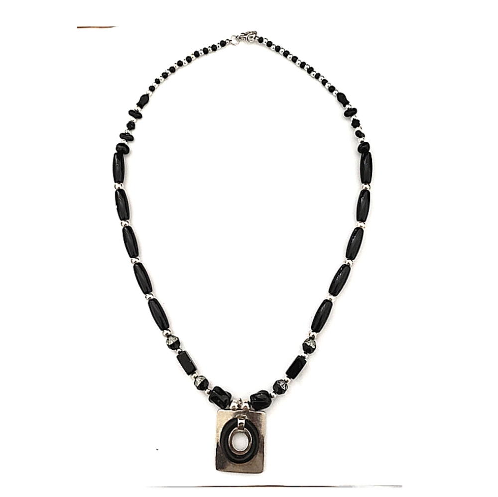 Fashion Jewelry Necklace Black and Silvertone Beaded Pendant Contemporary MCM